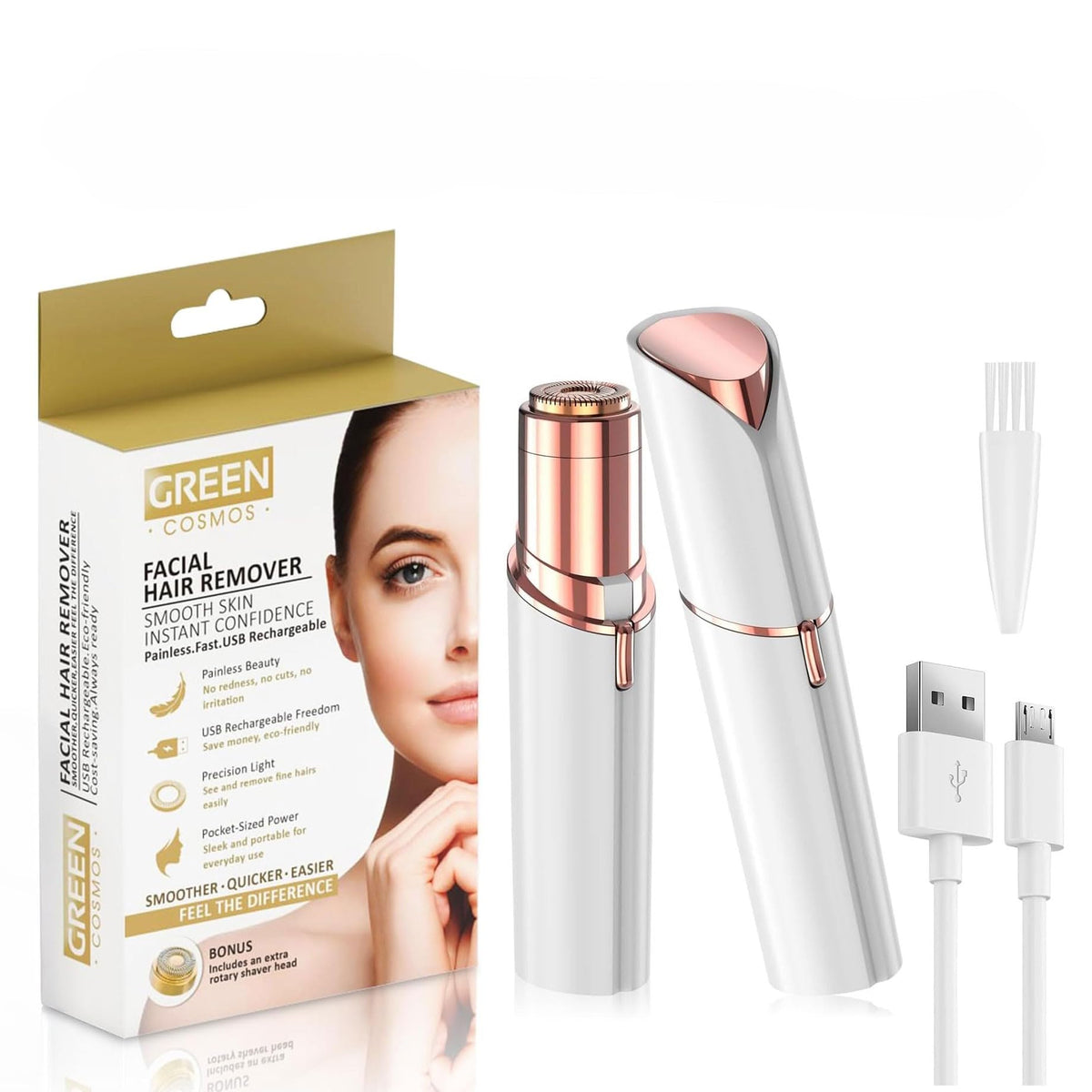 Green Cosmos facial hair remover with compact design for gentle daily touch-ups.