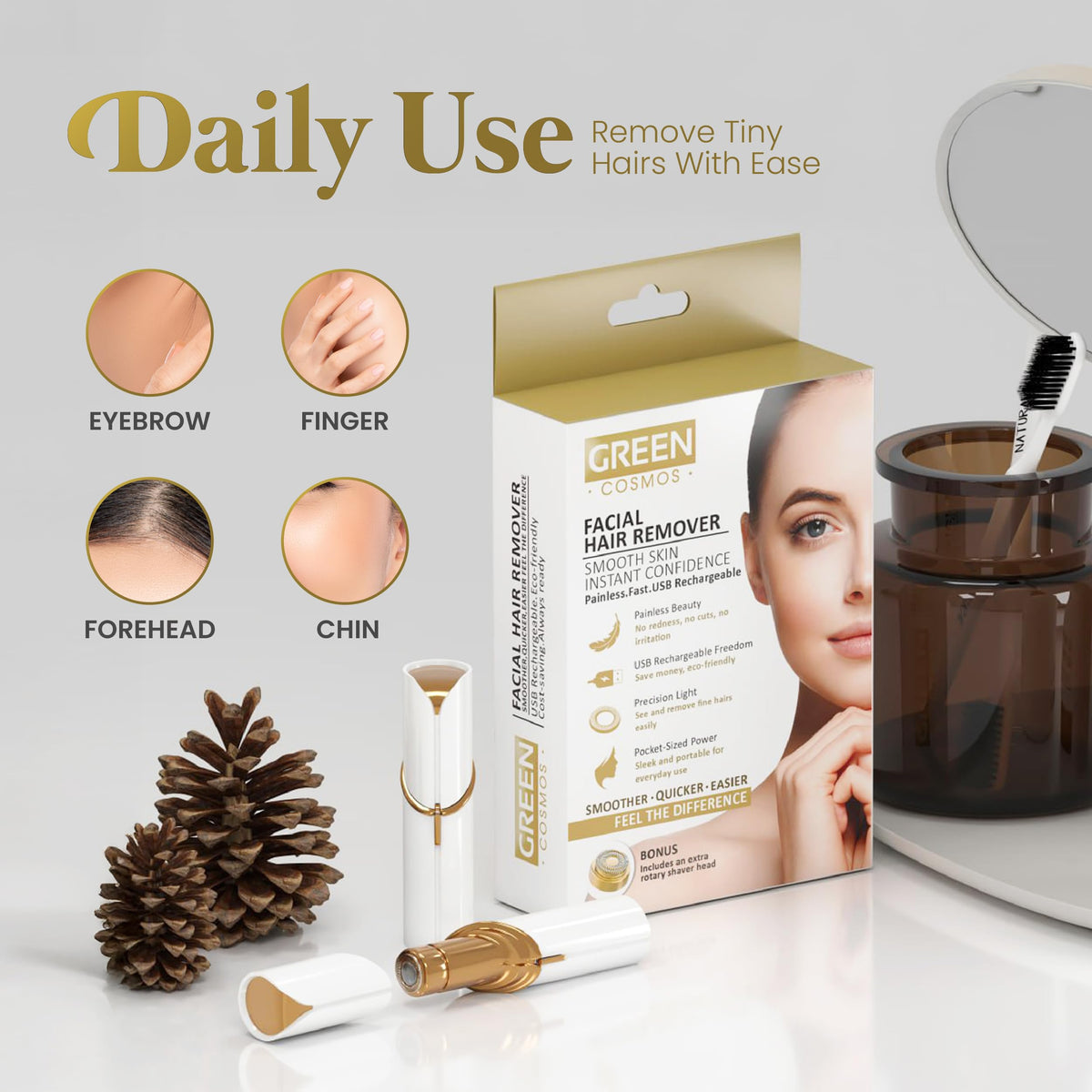 Green Cosmos USB rechargeable device ideal for purse or travel grooming.