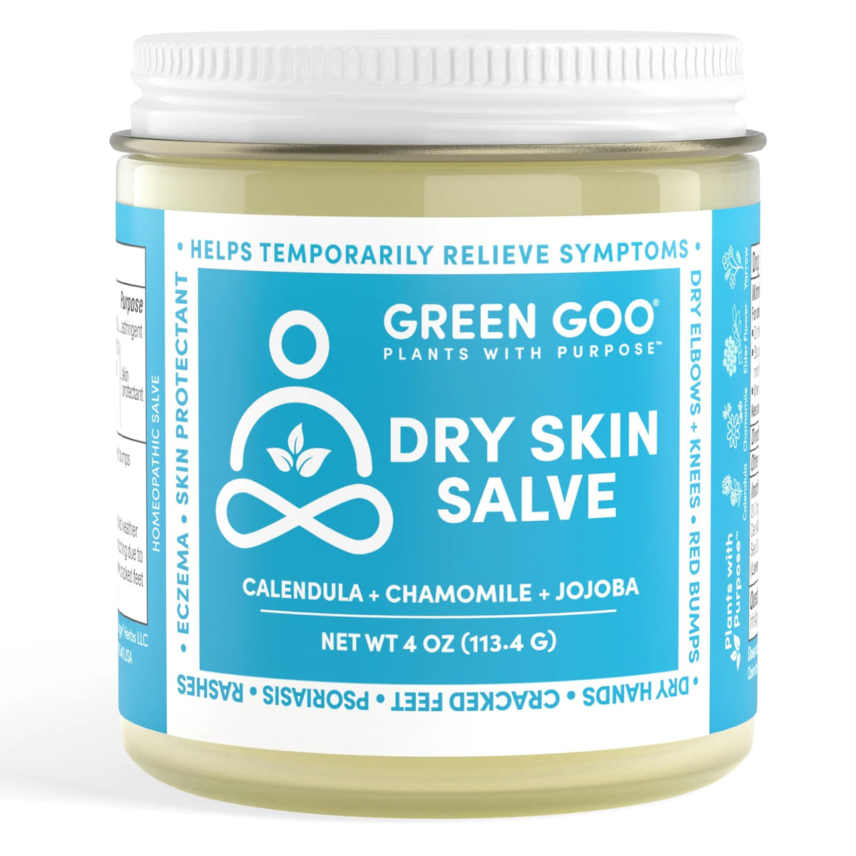 Green Goo Dry Skin Salve bottle shown for convenient daily moisturizing on body and face.