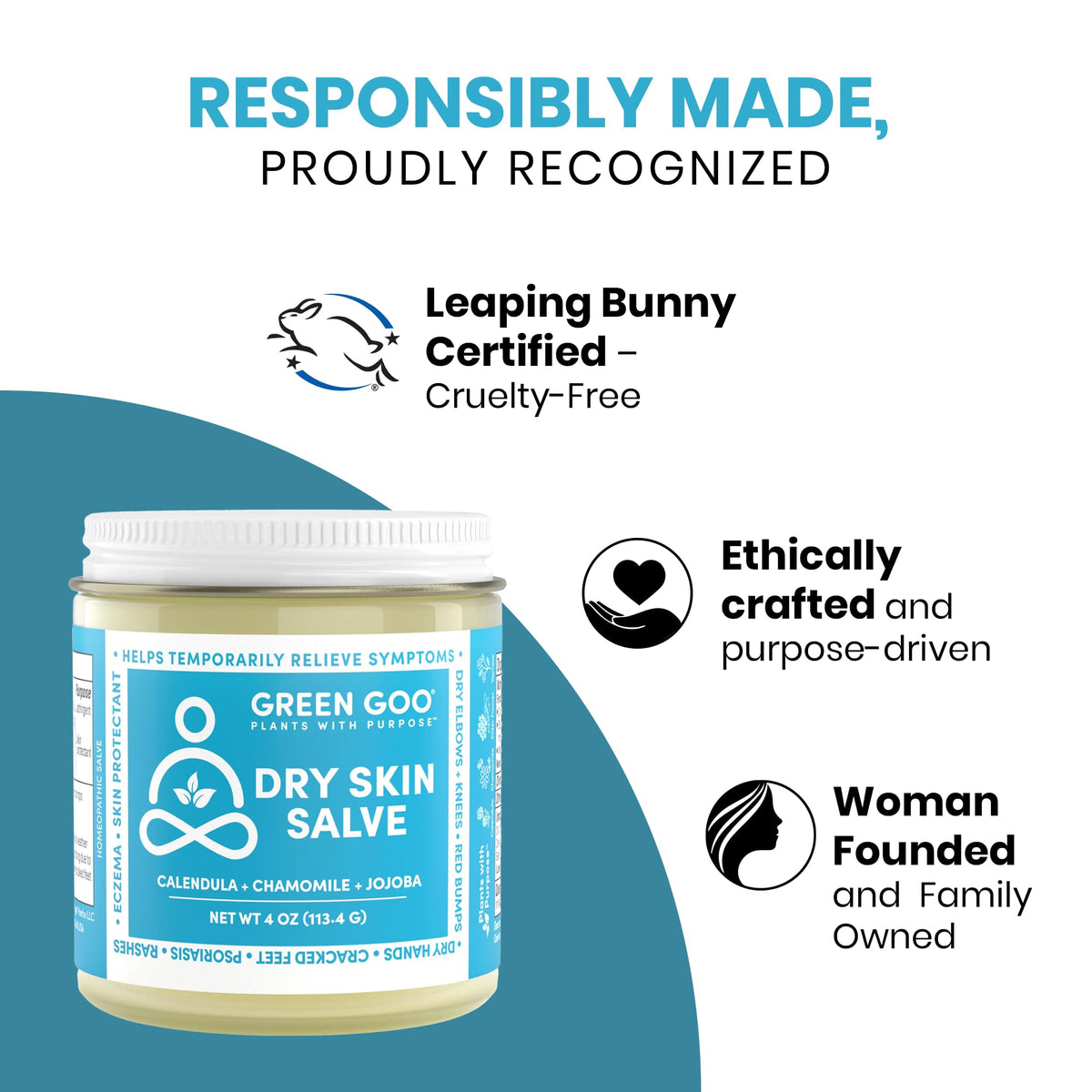 Green Goo Dry Skin Salve elderflower and yarrow focus emphasizes cleansing and gentle care.