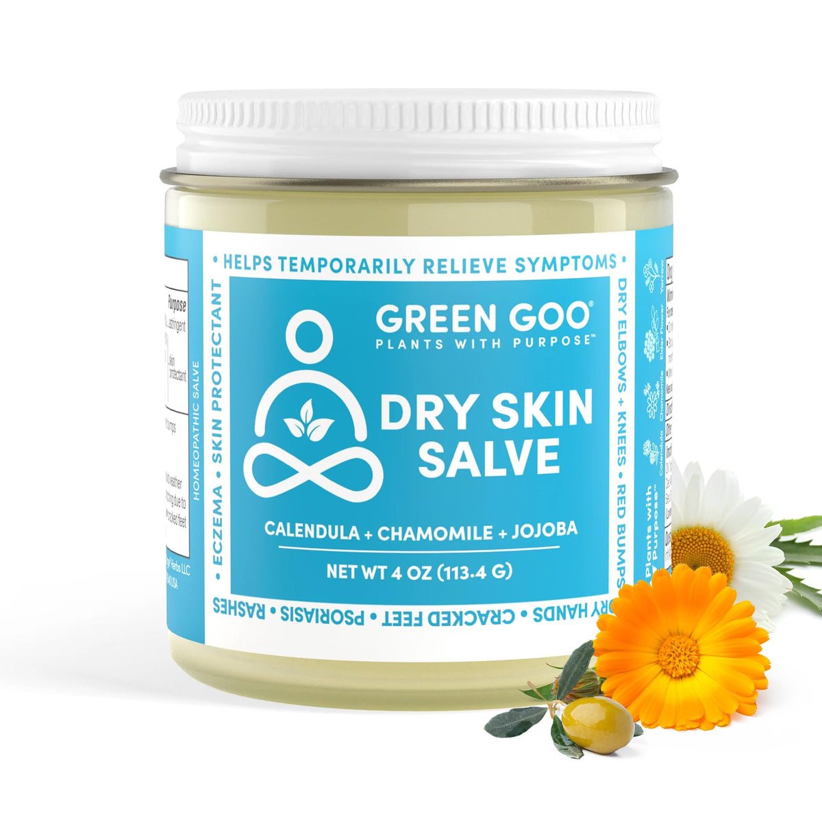 Green Goo Dry Skin Salve jar ready for targeted relief on dry, irritated areas.