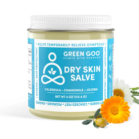 Green Goo Dry Skin Salve jar ready for targeted relief on dry, irritated areas.