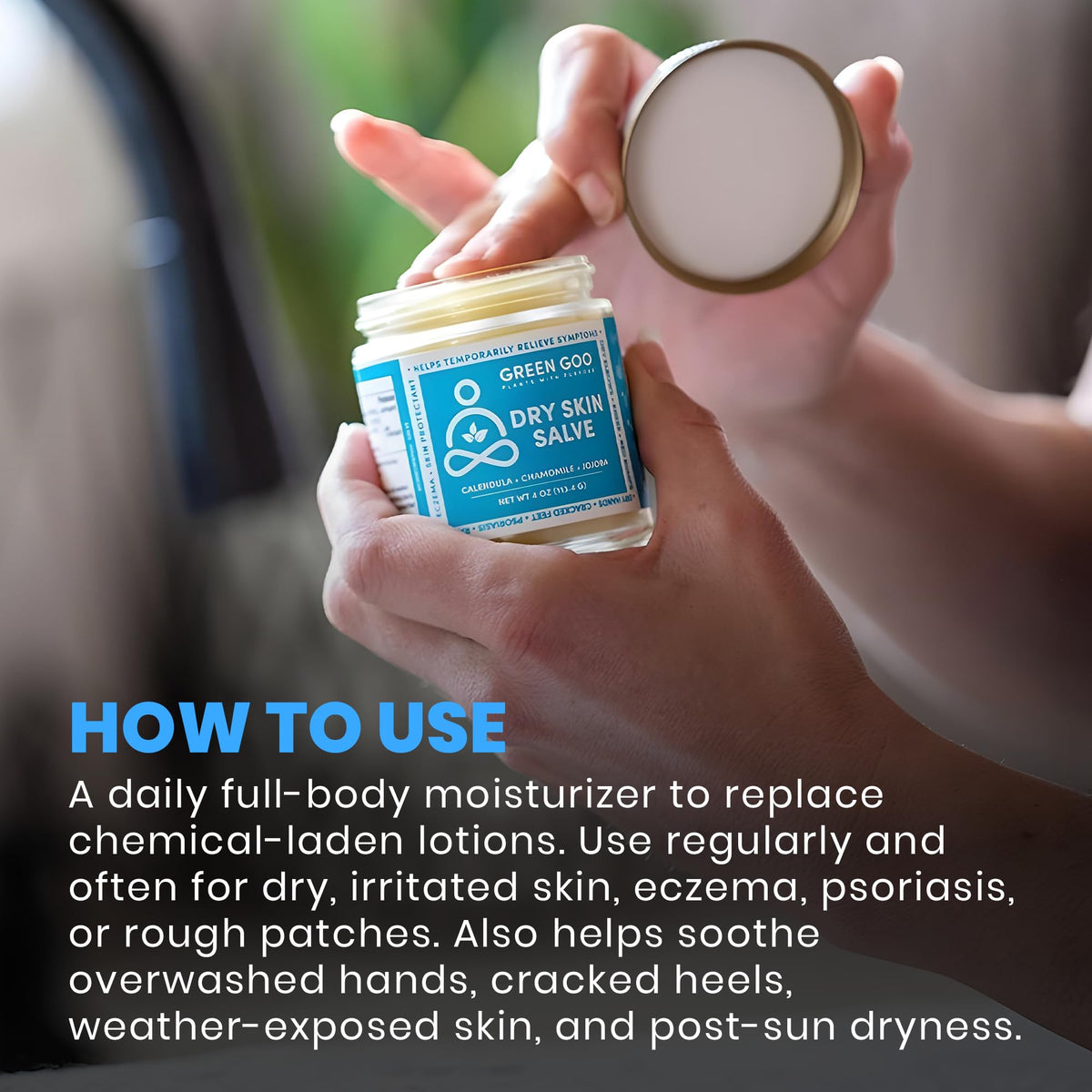 Green Goo Dry Skin Salve wooden spoon demonstrates traditional, slow-infused care.