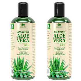 Green Leaf Naturals Aloe Vera Gel bottle shown for sunburn relief and skin care