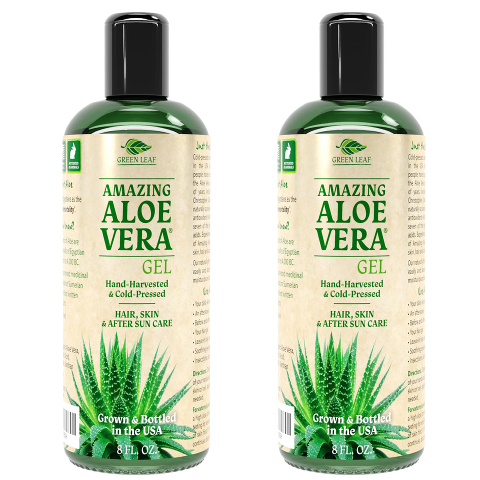 Green Leaf Naturals Aloe Vera Gel bottle shown for sunburn relief and skin care
