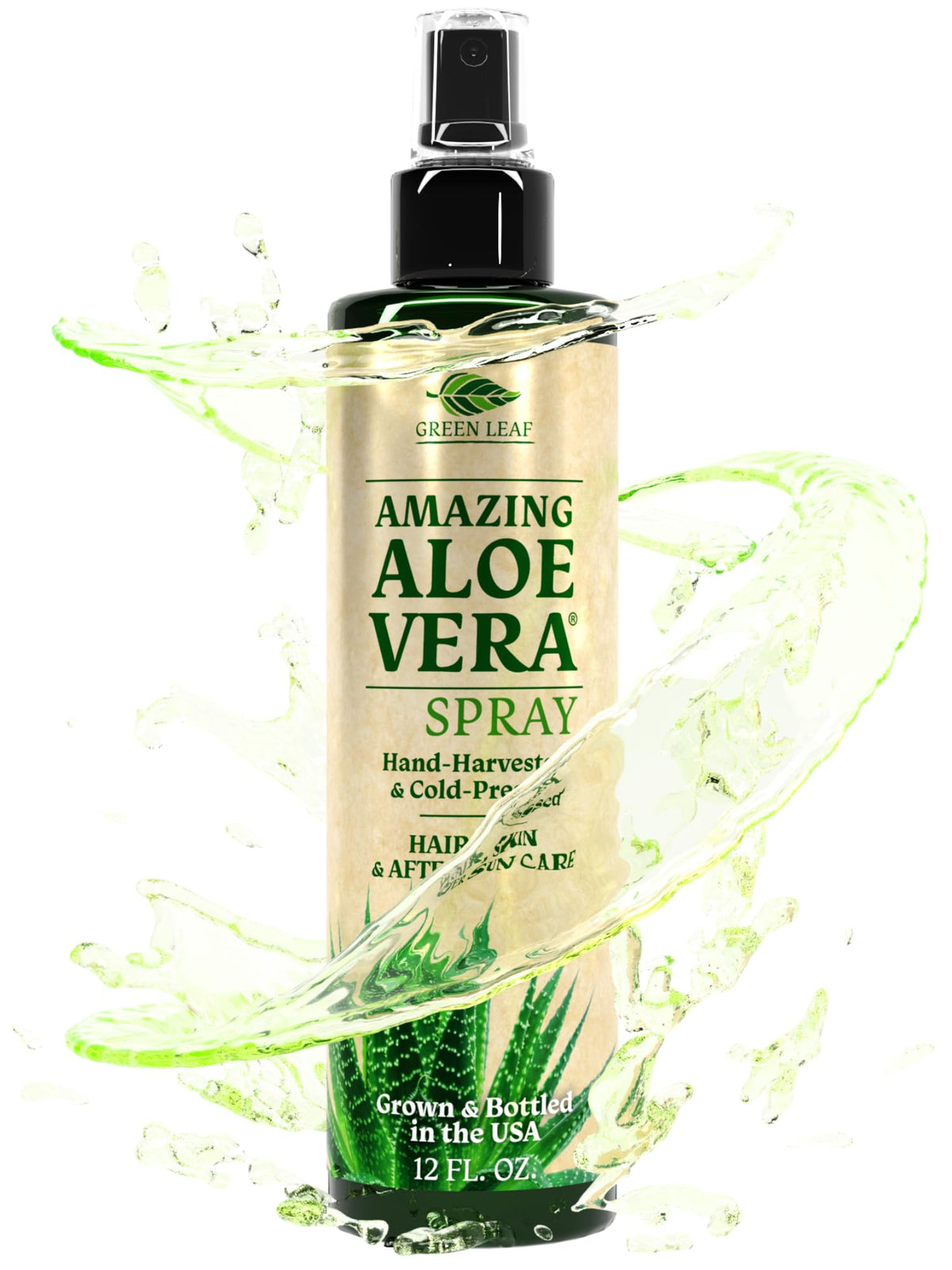 Green Leaf Naturals Aloe Vera Spray bottle shows pure hydration for skin and hair