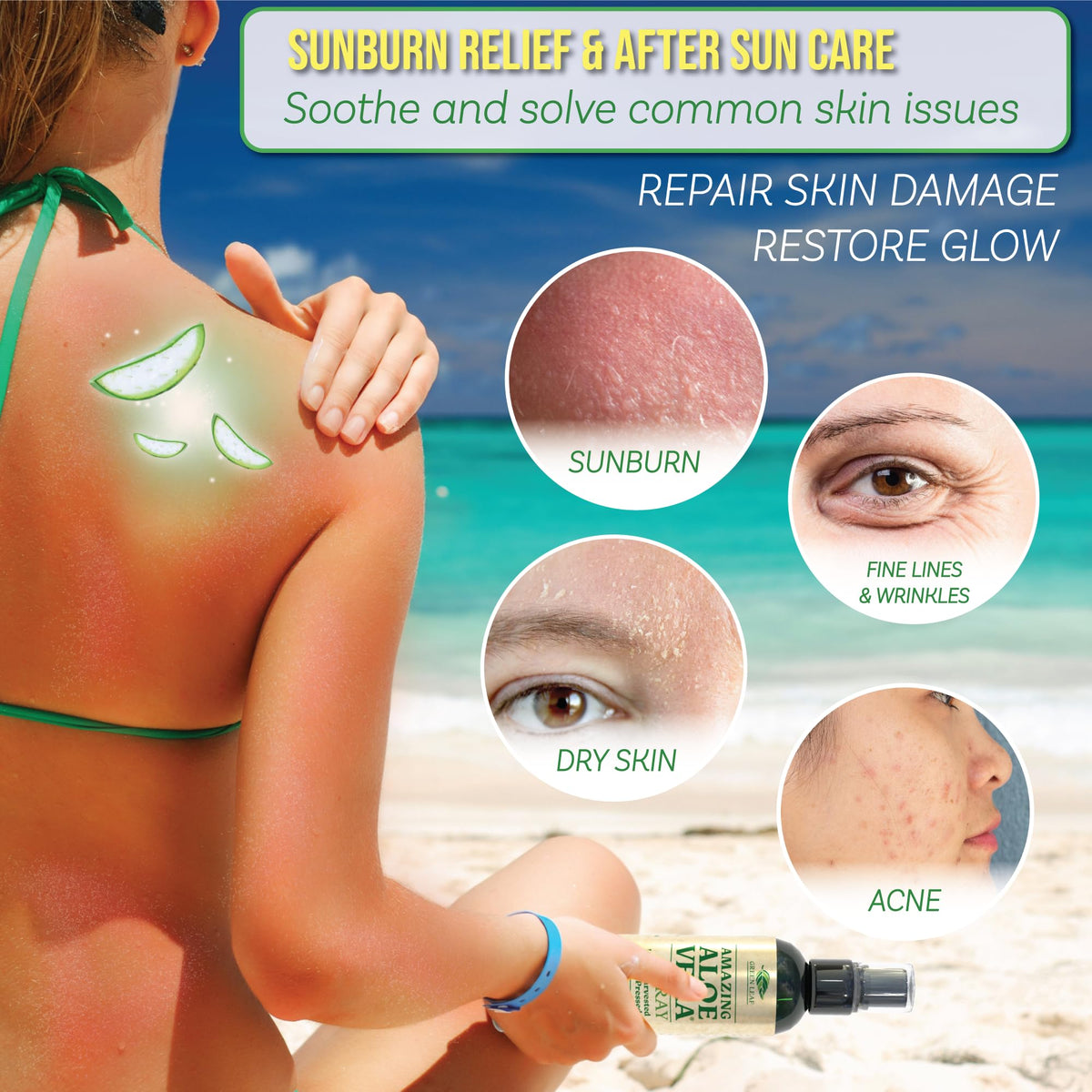 Green Leaf Naturals Aloe Vera Spray mist application cools and soothes skin