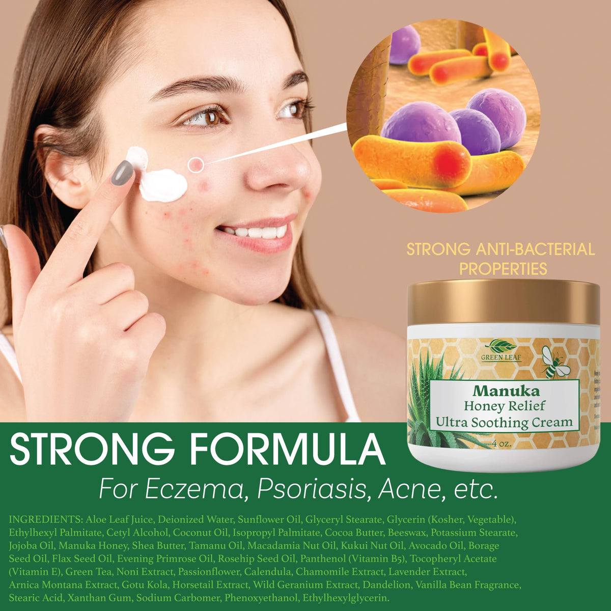 Green Leaf Naturals Manuka Honey Face Cream jar closeup emphasizing smooth daily hydration