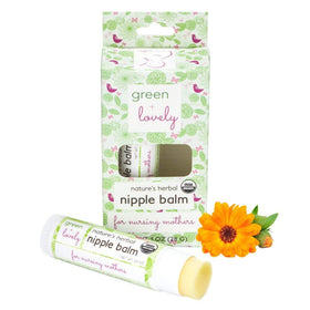 Green + Lovely nipple balm tube for mess-free nursing comfort.