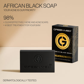 Green Med African Black Soap suitable for body use on chest and back.