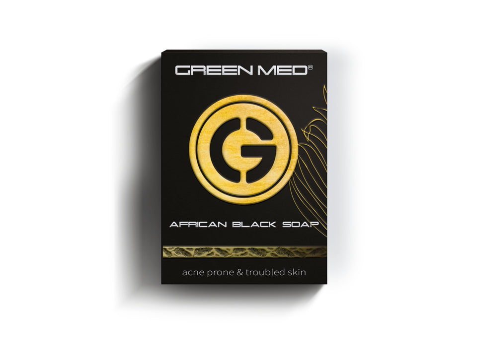 Green Med African Black Soap face bar packaging promotes gentle cleansing for clear skin.