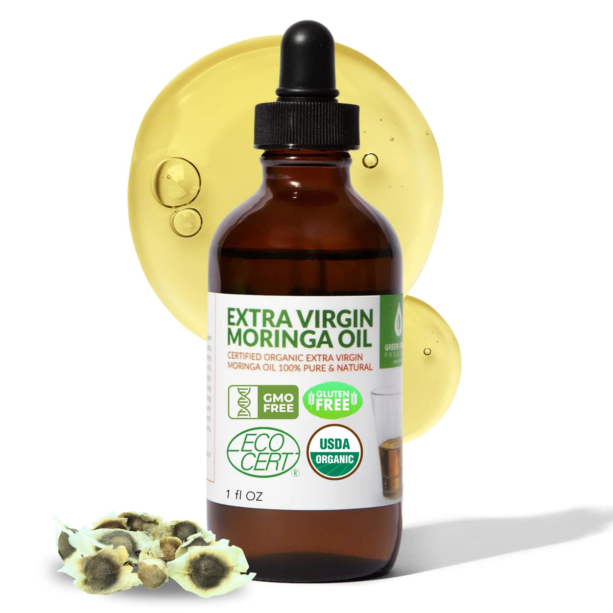 Green Virgin Products Moringa Oil bottle with dropper for facial care and moisturizing.
