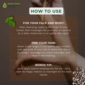 Green Virgin Products Moringa Oil close-up showing nourishing texture.