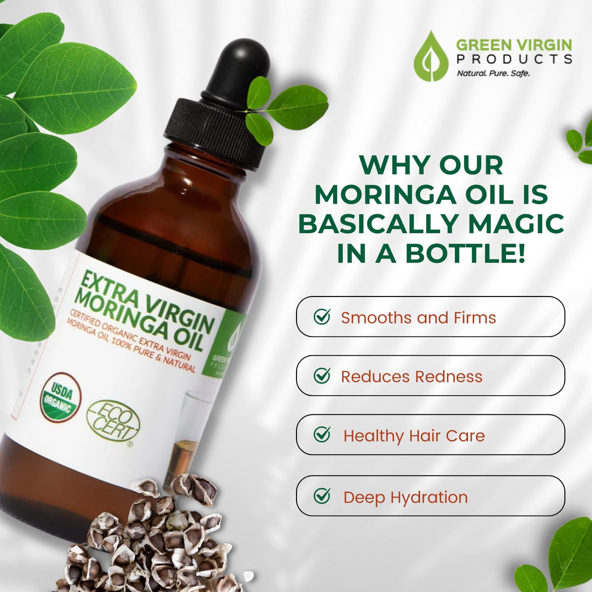 Green Virgin Products Moringa Oil 1oz bottle for quick moisturization.