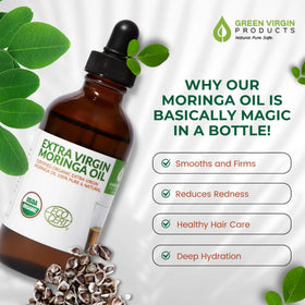 Green Virgin Products Moringa Oil 1oz bottle for quick moisturization.