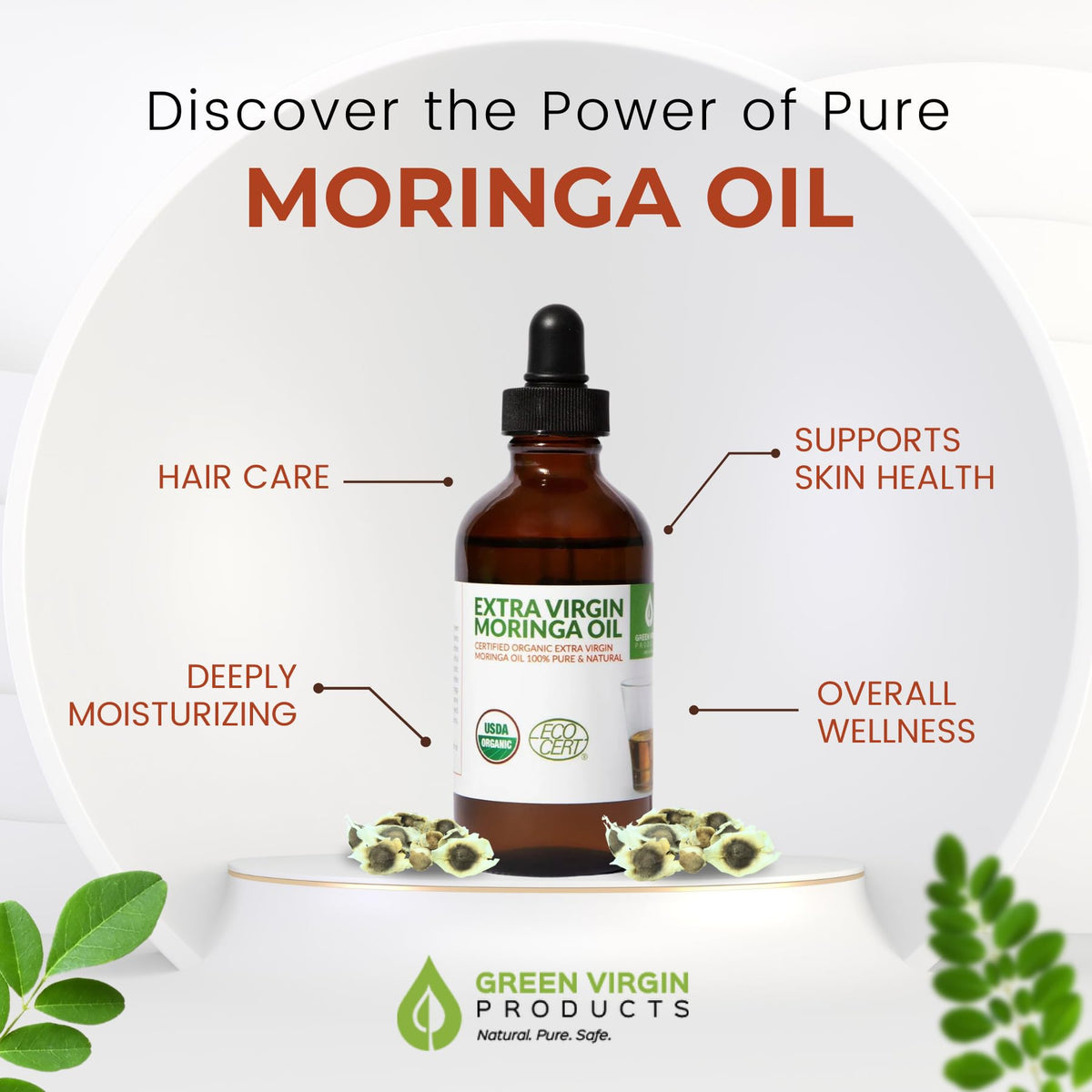 Green Virgin Products Moringa Oil applied to hands, soothing daily moisturizer.
