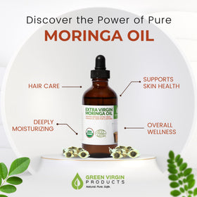 Green Virgin Products Moringa Oil applied to hands, soothing daily moisturizer.