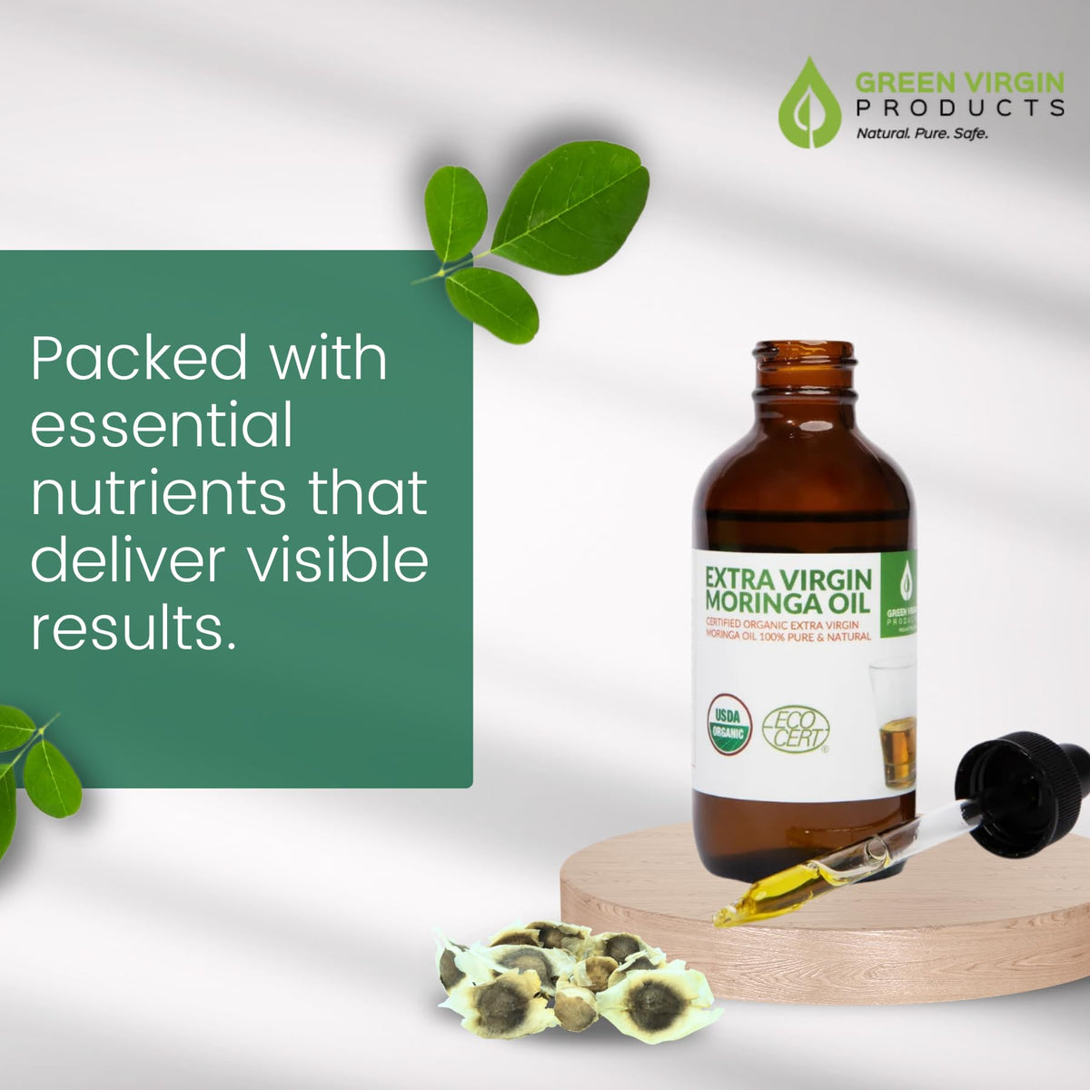 Green Virgin Products Moringa Oil label on bottle, premium cold-pressed source.