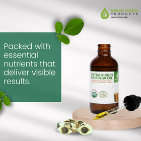 Green Virgin Products Moringa Oil label on bottle, premium cold-pressed source.