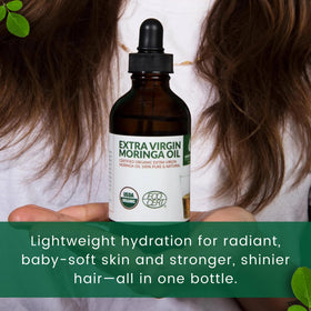 Green Virgin Products Moringa Oil dropper in use for gentle skin application.