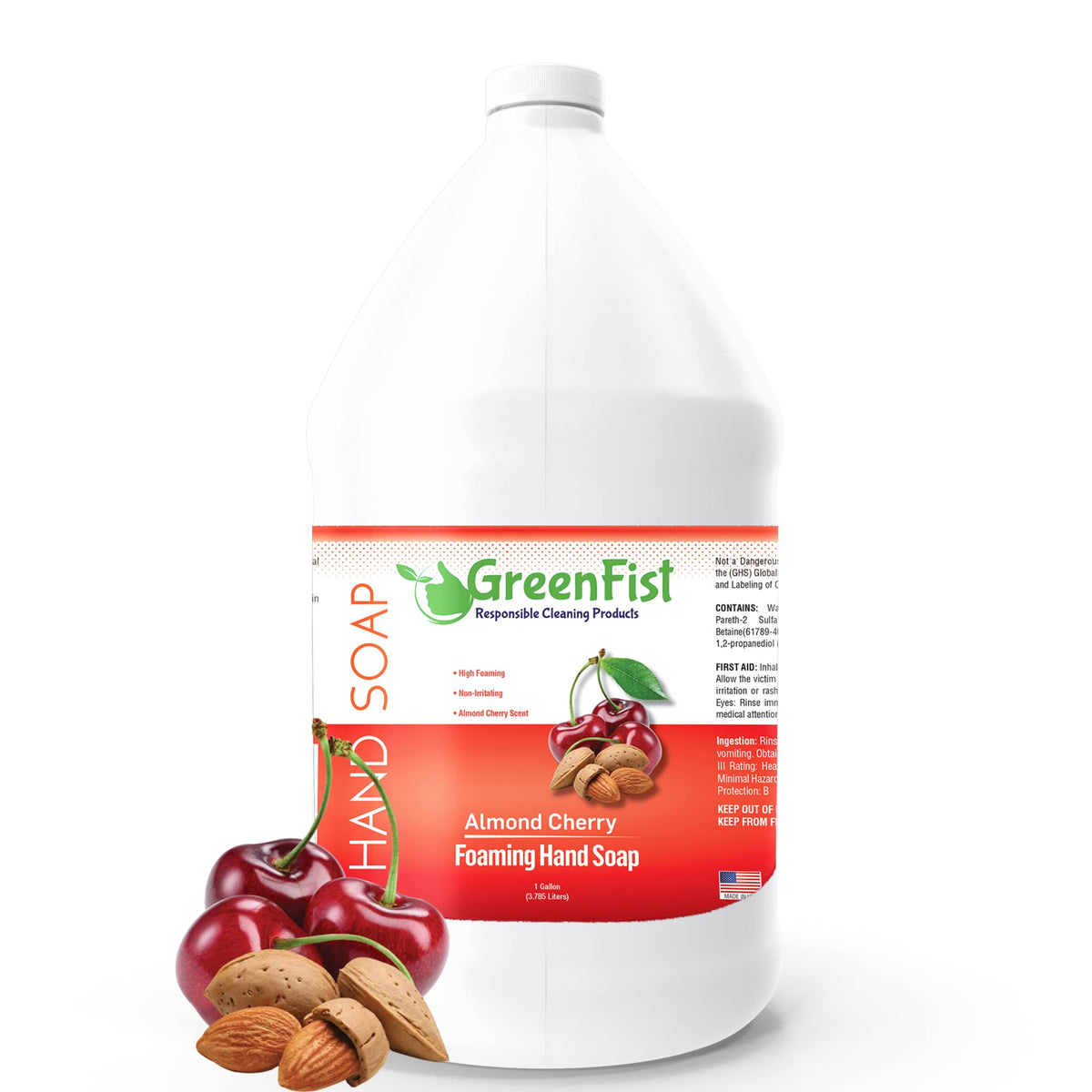 GreenFist foaming hand soap refill front label shows almond cherry scent for refreshing handwashing
