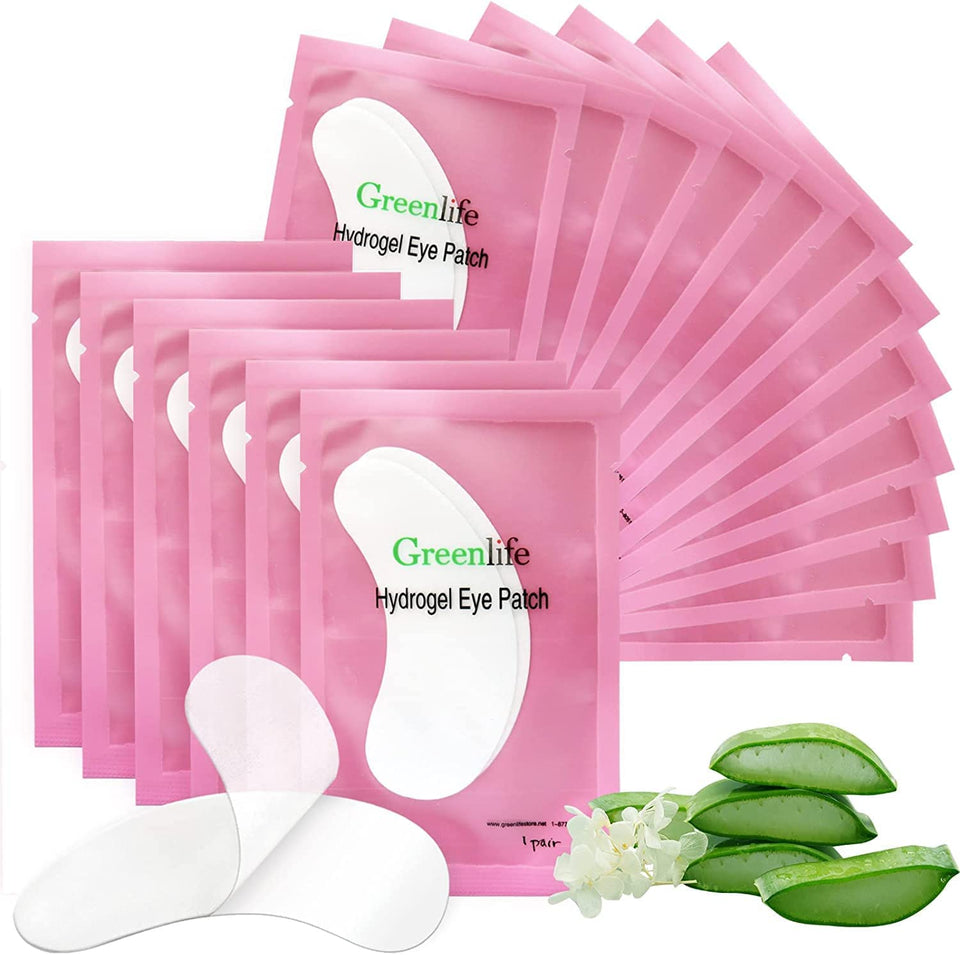 GreenLife under-eye gel pads packaging highlights natural, latex-free hydrogel benefits