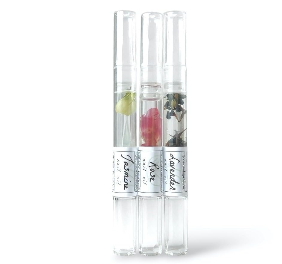 Greenmade Goods cuticle oil trio lavender pen with real petals for daily nail care.