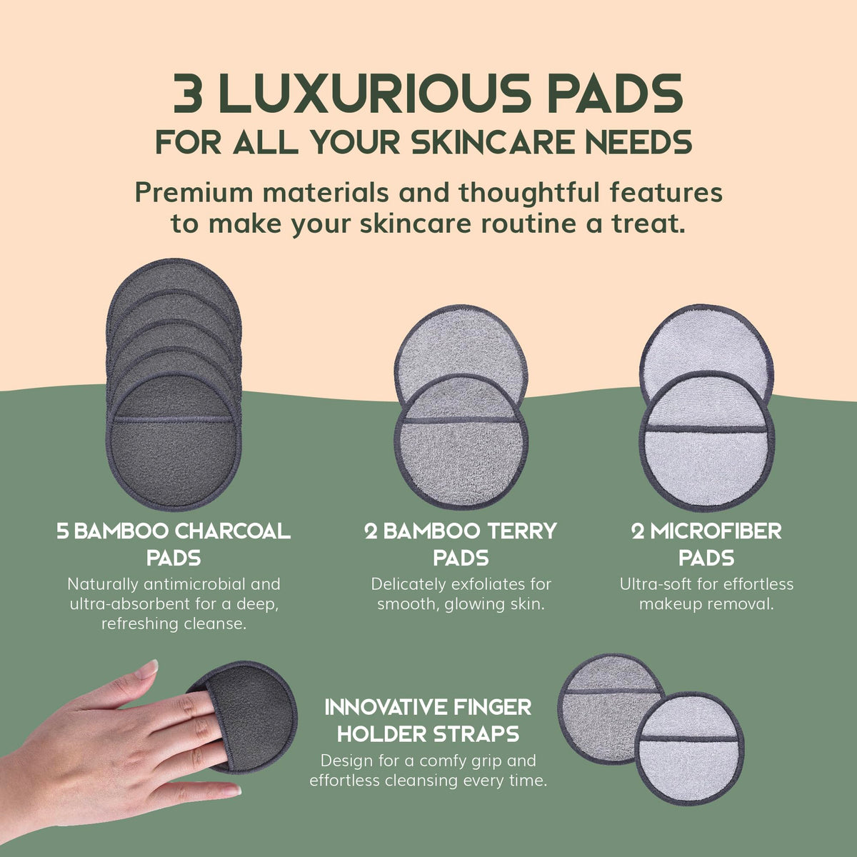Greenzla bamboo charcoal pad with textured surface for exfoliation and makeup removal.