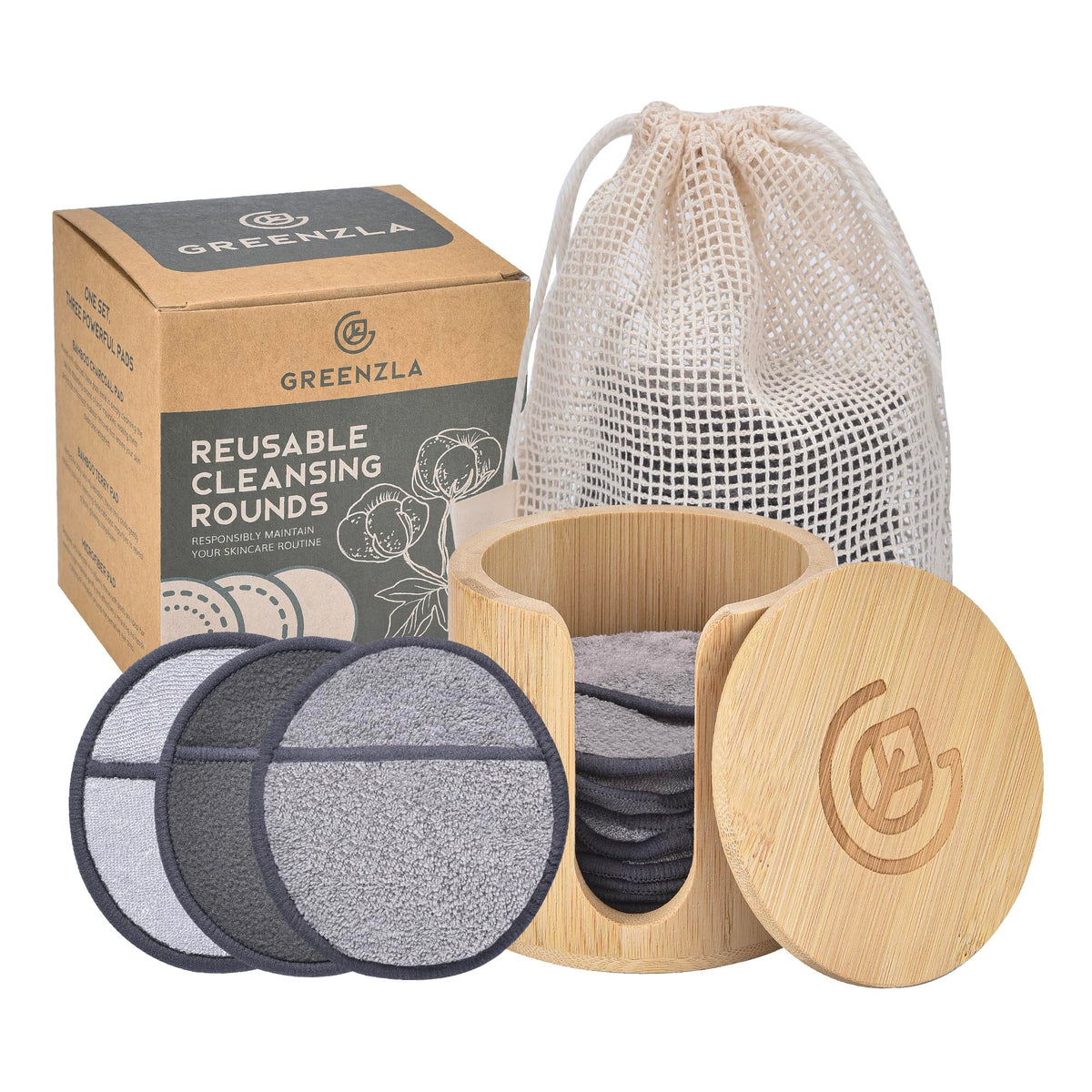 Greenzla reusable makeup remover pads set in packaging for sustainable daily cleansing.