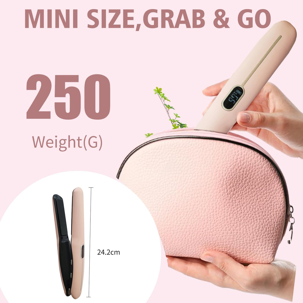 Grente travel pouch paired with the cordless iron for compact styling anywhere