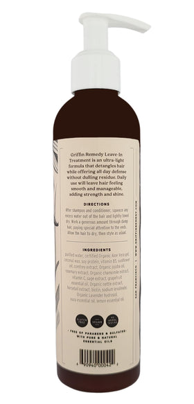 Hair tips close-up shows Griffin Remedy Leave-In Conditioner for softness and manageability.
