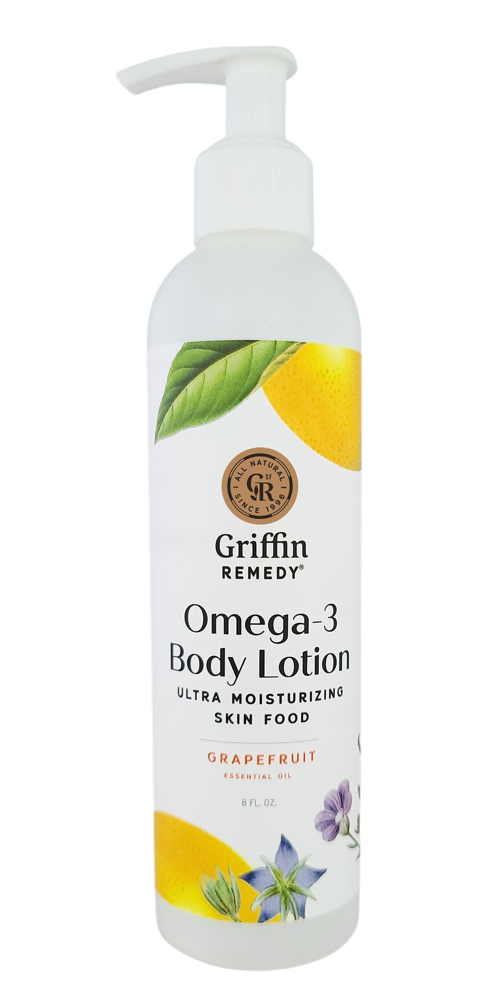 Griffin Remedy Omega-3 Body Lotion bottle with grapefruit aroma for daily hydration.