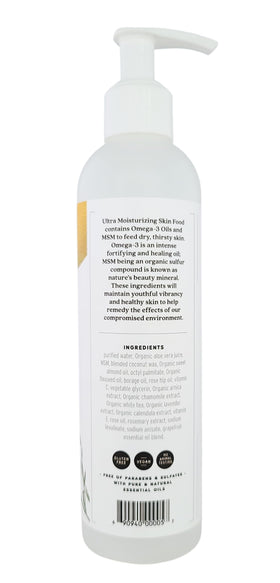 Close-up of Griffin Remedy Omega-3 lotion texture showing fast absorption.