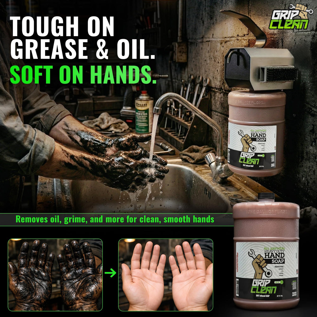 Grip Clean clay-pumice absorption action for deep grime removal.