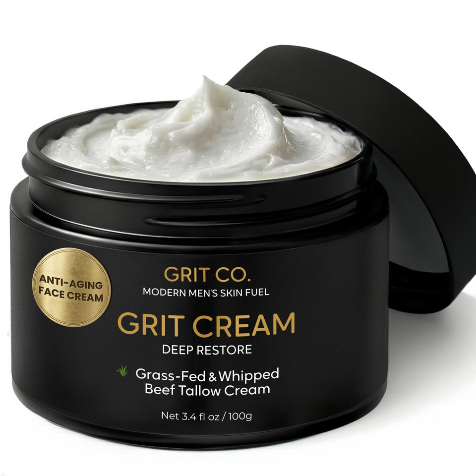 GRIT CO beef tallow face cream jar for daily hydration with subtle anti-aging benefits