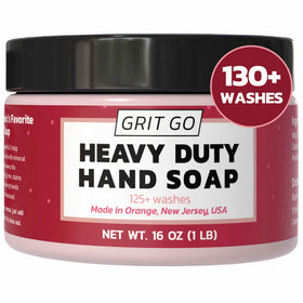 Grit Go industrial hand soap paste close-up label showing heavy-duty grime-fighting formula.