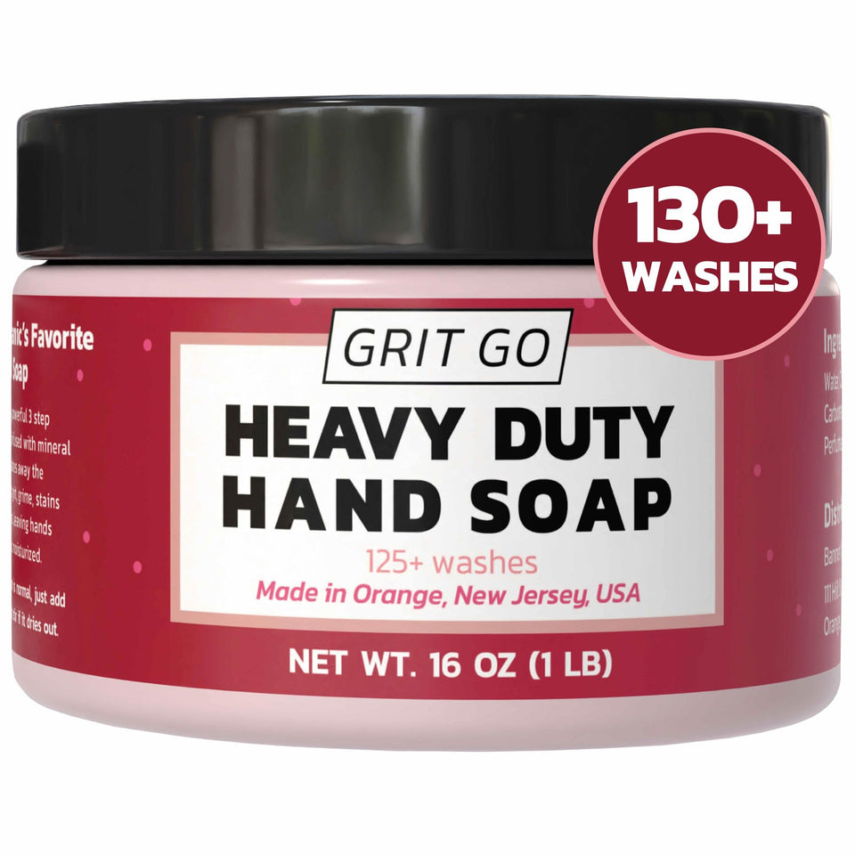 Grit Go industrial hand soap paste close-up label showing heavy-duty grime-fighting formula.