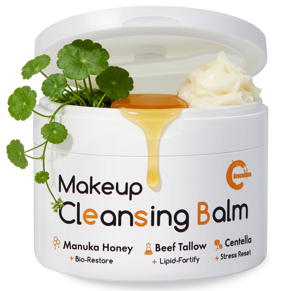 Grocerism Cleansing Balm jar closeup shows creamy texture for gentle cleansing.