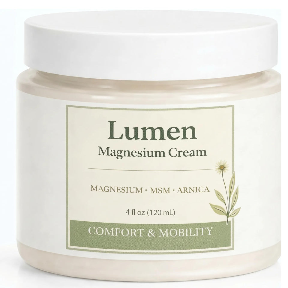 GROHESE Lumen Relief bottle close-up, ready for daily massage with fast-absorbing cream.