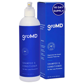 GroMD Biotin Shampoo bottle pour showing daily use for fuller-looking hair