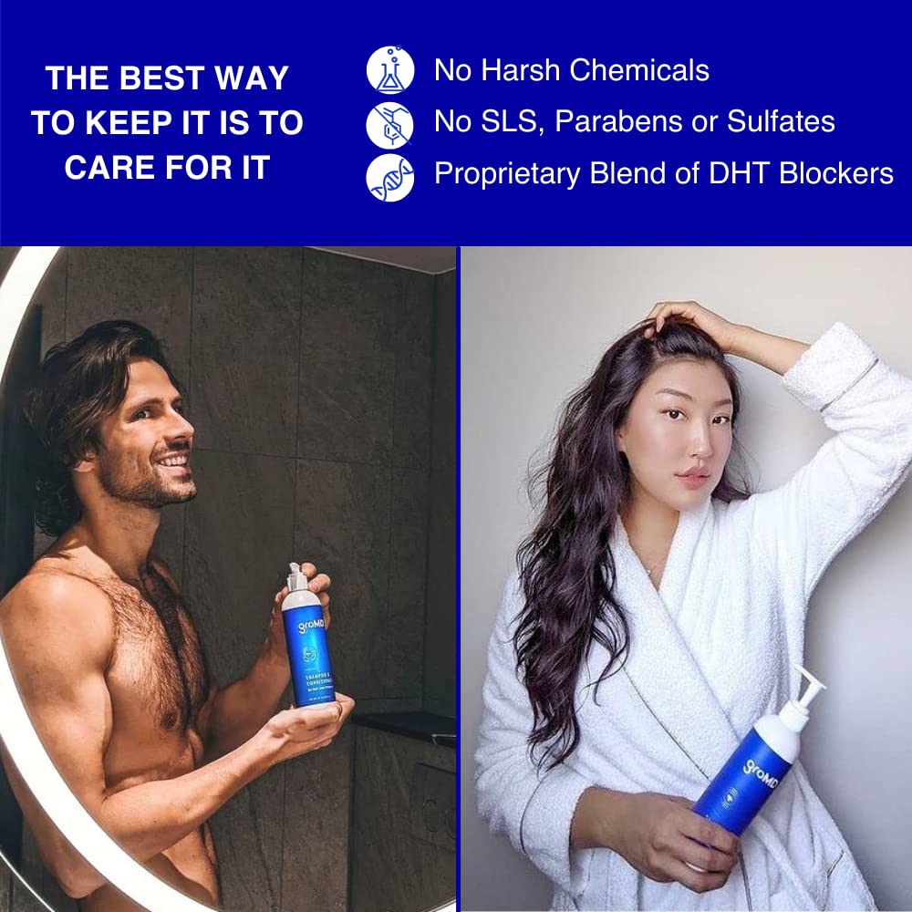 GroMD Biotin Shampoo in morning routine with towel-dried hair