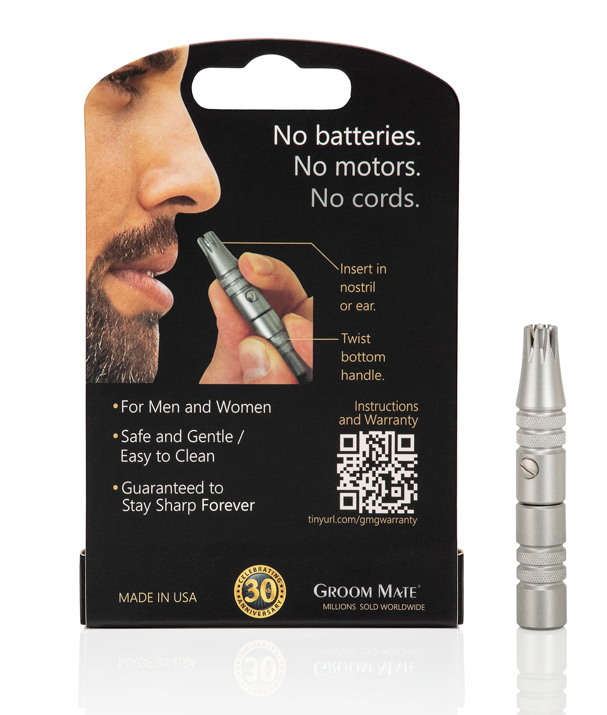 Groom Mate Platinum XL held in hand, showcasing battery-free operation.
