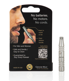 Groom Mate Platinum XL held in hand, showcasing battery-free operation.