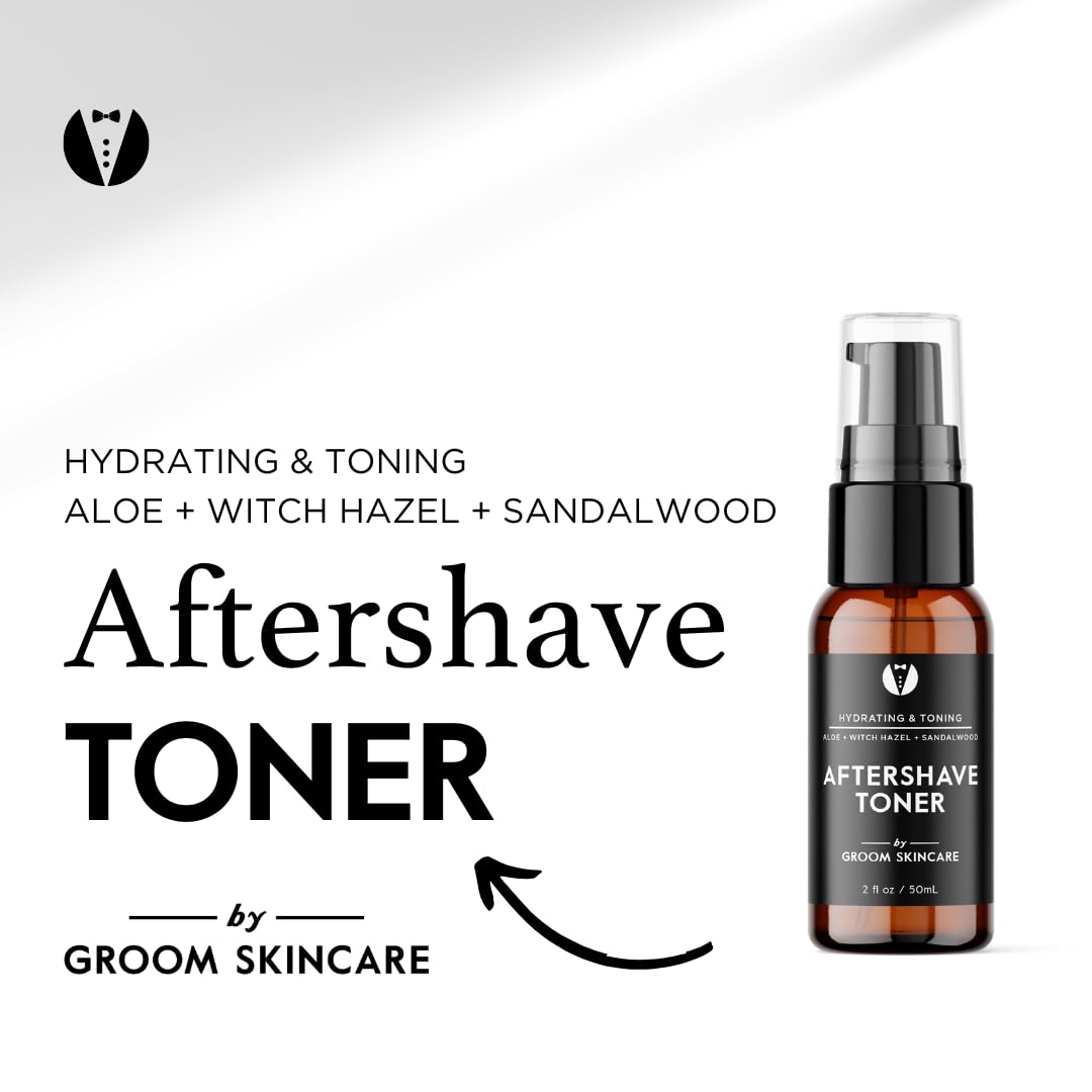 Groom Skincare GROOM After Shave Toner ingredients panel highlights soothing botanicals