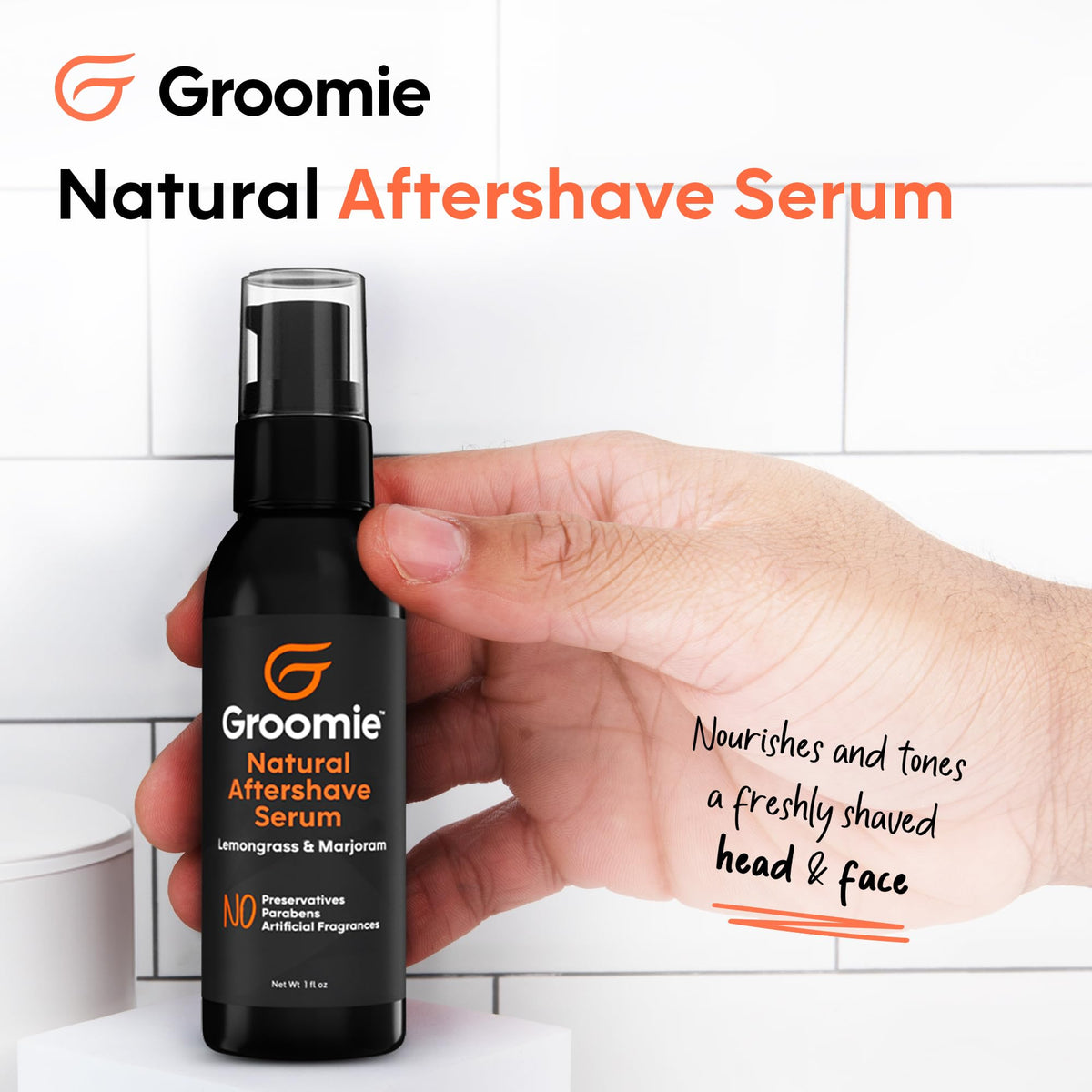 Groomie aftershave serum application on the face promotes calm, hydrated skin after shaving.