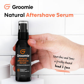 Groomie aftershave serum application on the face promotes calm, hydrated skin after shaving.