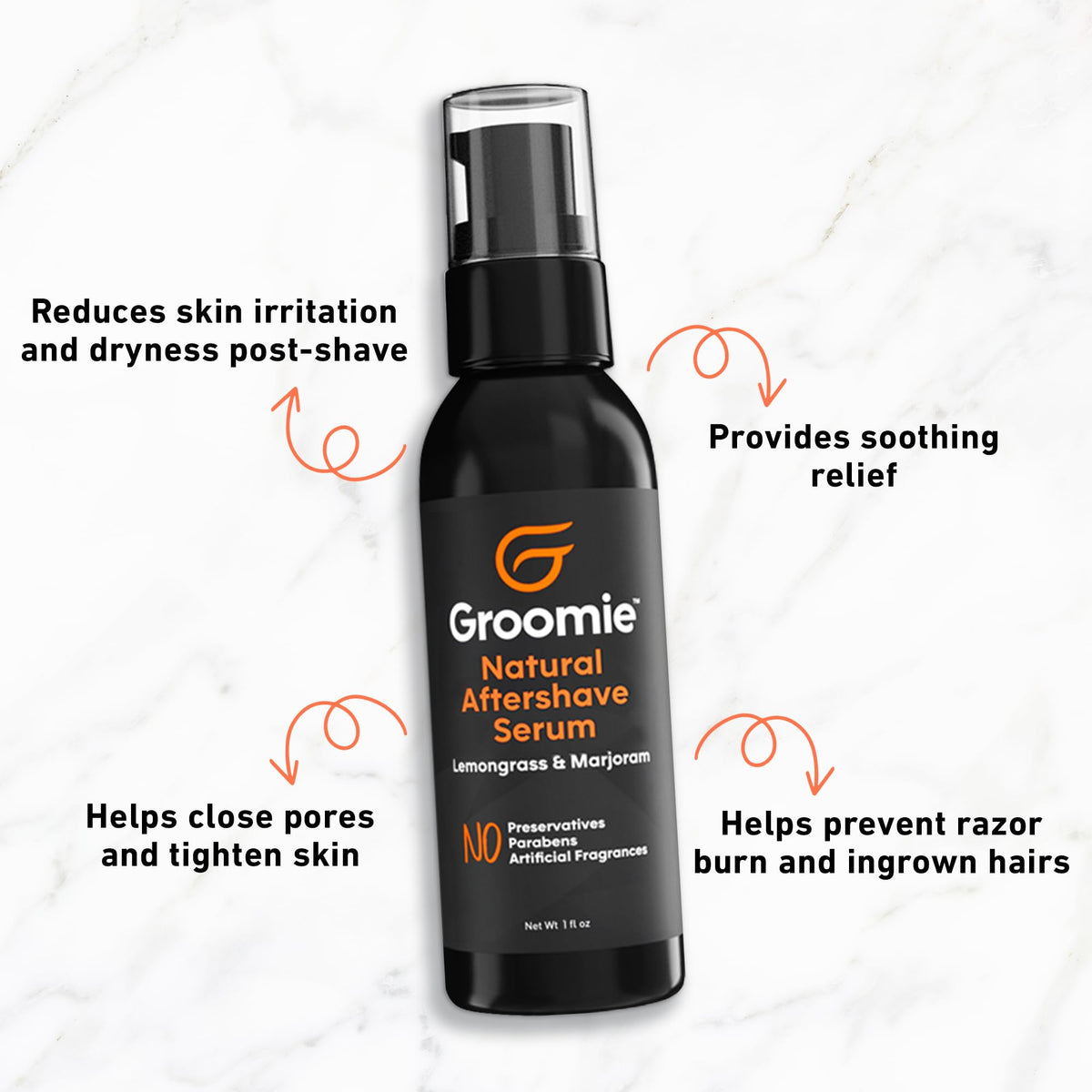 Groomie bald-head care ritual close-up demonstrates easy, refreshing grooming after shaving your head.