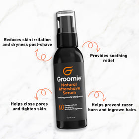 Groomie bald-head care ritual close-up demonstrates easy, refreshing grooming after shaving your head.