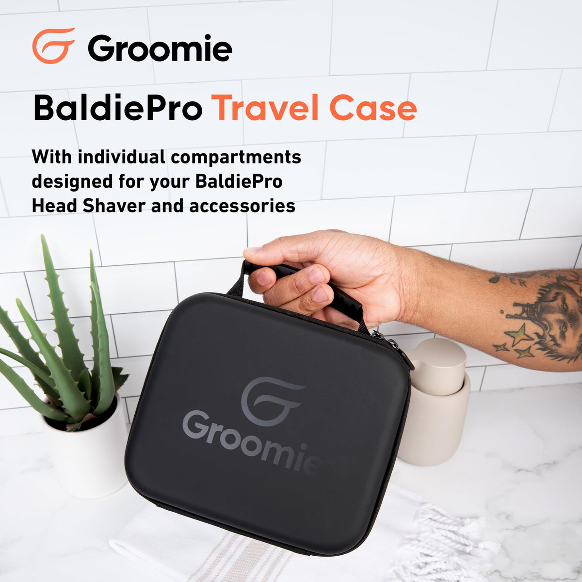 Groomie BaldiePro travel case compartments keep shaver and accessories organized.