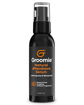 Groomie natural aftershave serum bottle shown for smooth post-shave skin.